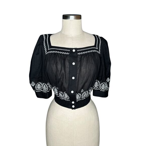 DEREK LAM 10 CROSBY Tama‎ Black White Embroidered Crop Top Blouse Women's Size 0 - Picture 2 of 11